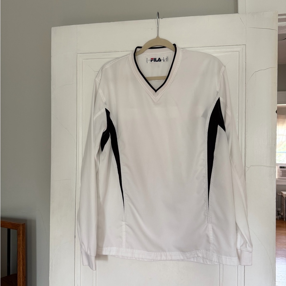 FILA White V-Neck Athletic Top with Black Trim and Logo